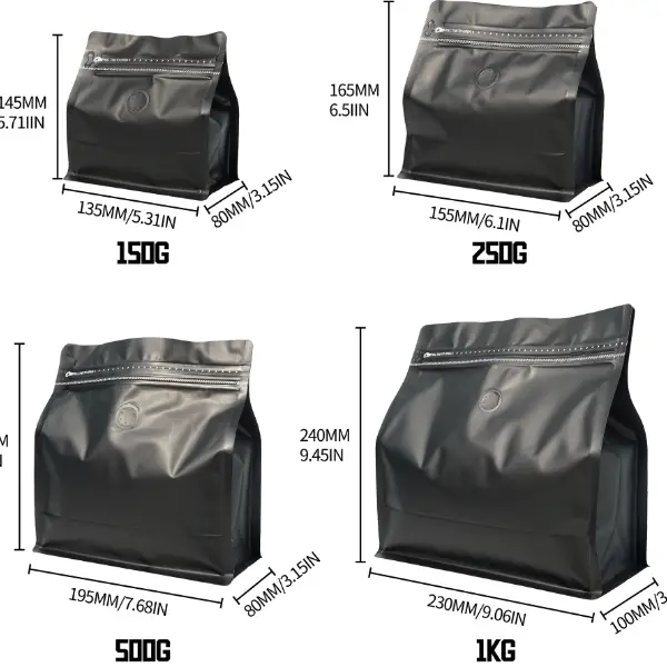 1Bolsas horizontales de culata de kg que muestran tamaño y referencia dimensional