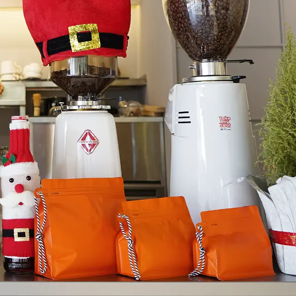 250Bolsas de café G Stock con cordón en colores amarillo, verde y naranja