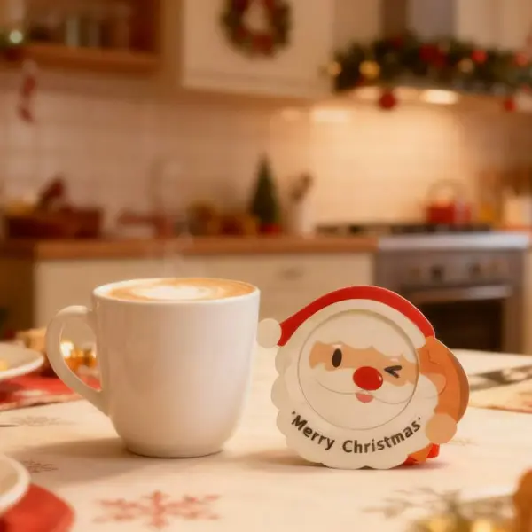 Christmas UFO drip coffee filter with Santa design beside cup