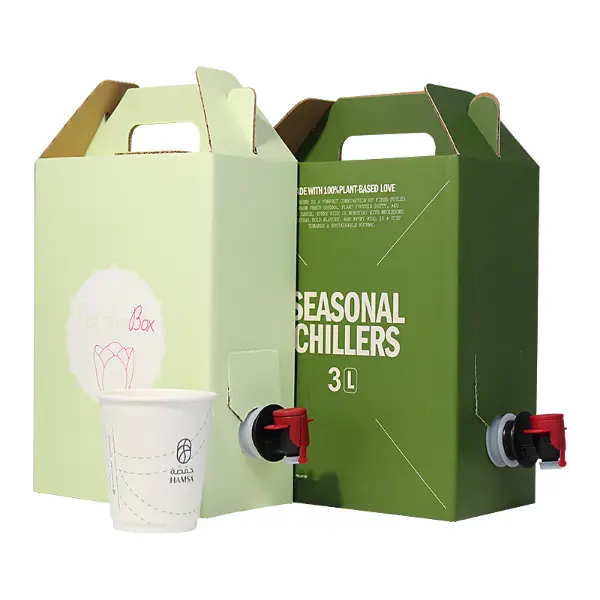Bolsa personalizada en caja con grifo dispensador y caja exterior de cartón