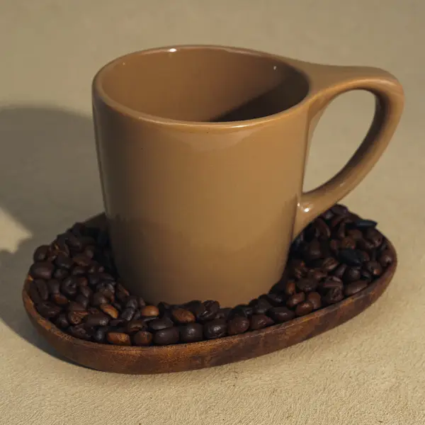Taza cerámica marrón personalizada con boca plana y asa en la escena de granos de café