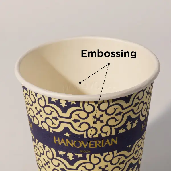 Detalle de textura en relieve en una taza de café de papel personalizada