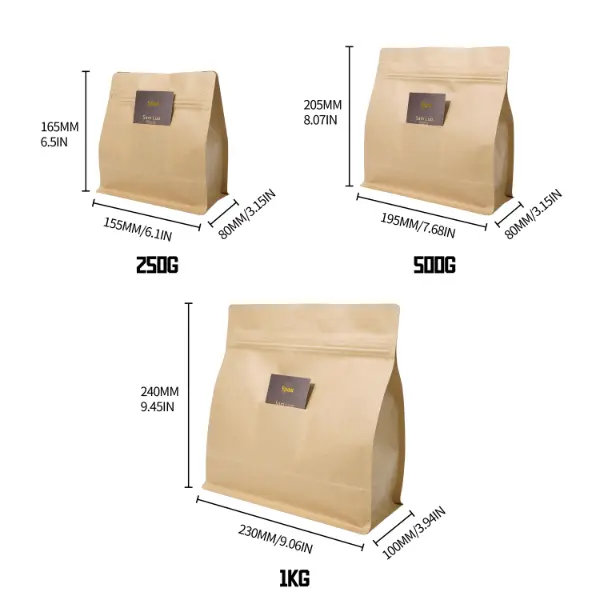Guía de tamaño de bolsas de café horizontales para 250g, 500g y 1kg