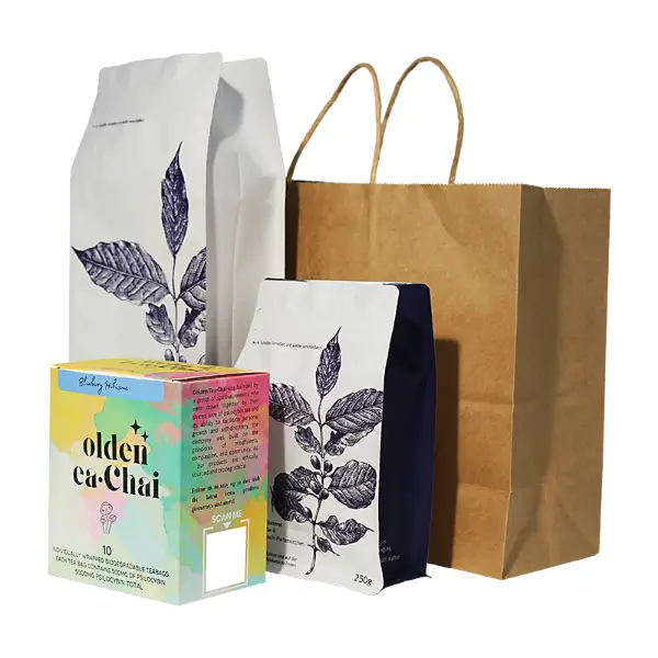 Vista interior de bolsas de regalo de papel kraft XL que muestran una gran capacidad interior para productos de café
