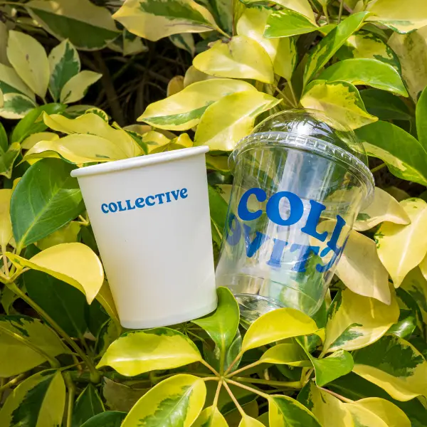 Vaso de hielo transparente para PET con impresión personalizada expuesto en un entorno de jardín exterior