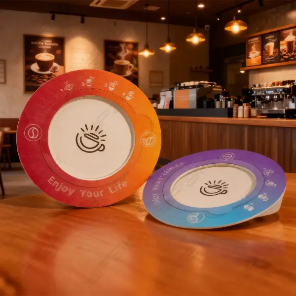 Split display of colorful UFO coffee filter bag and inner disc