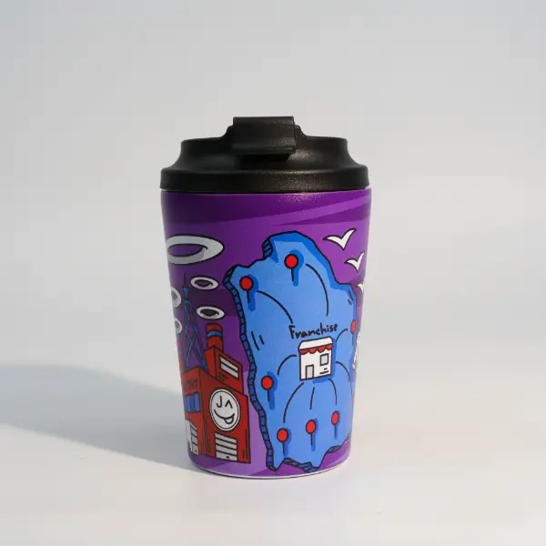 Vaso de vacío recubierto de UV con acabado mate y ilustraciones detalladas