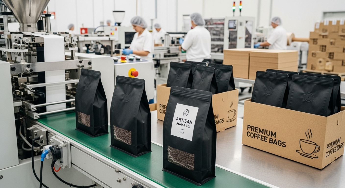 Fabricante de bolsas de café de fondo plano