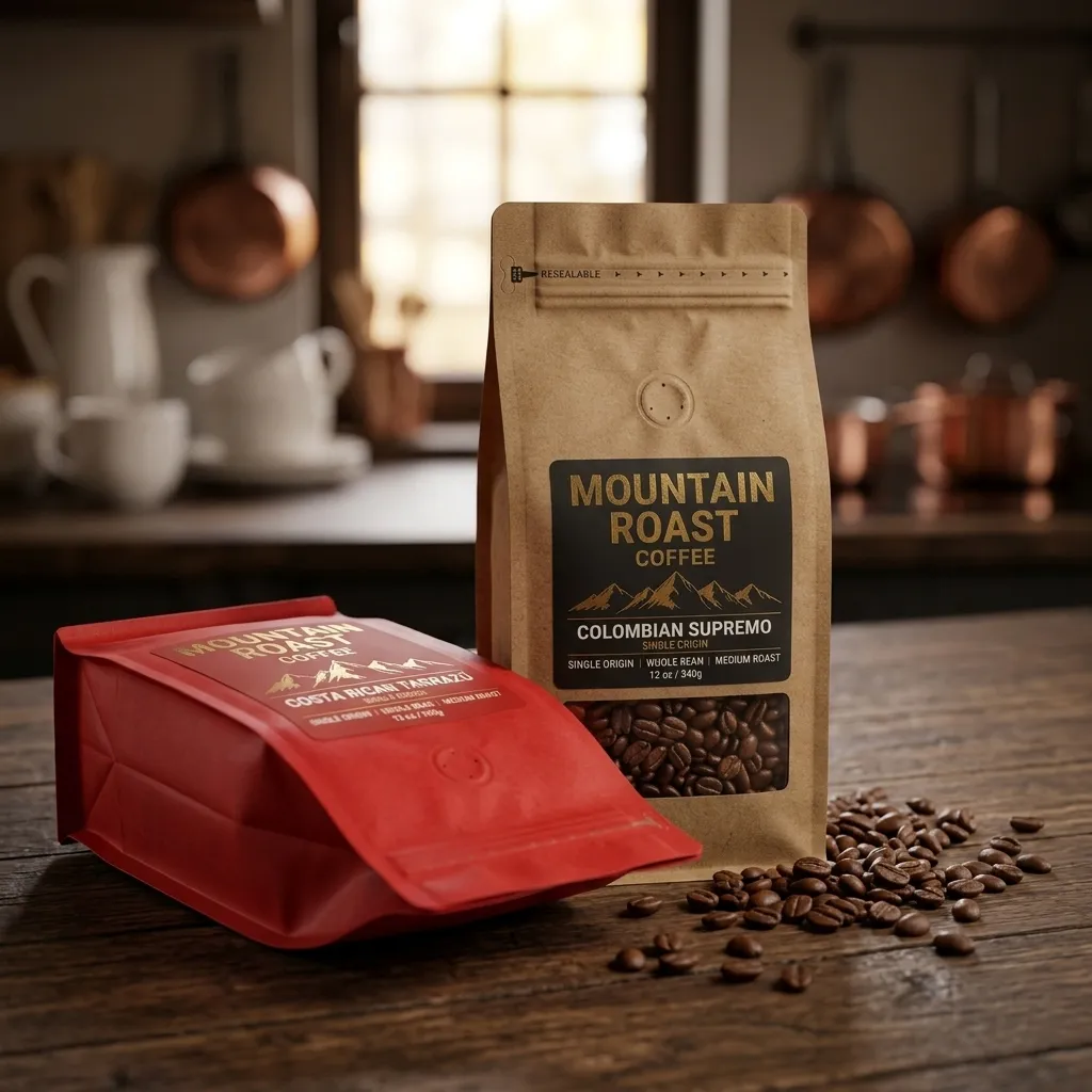 dos bolsas de café estilo caja personalizada