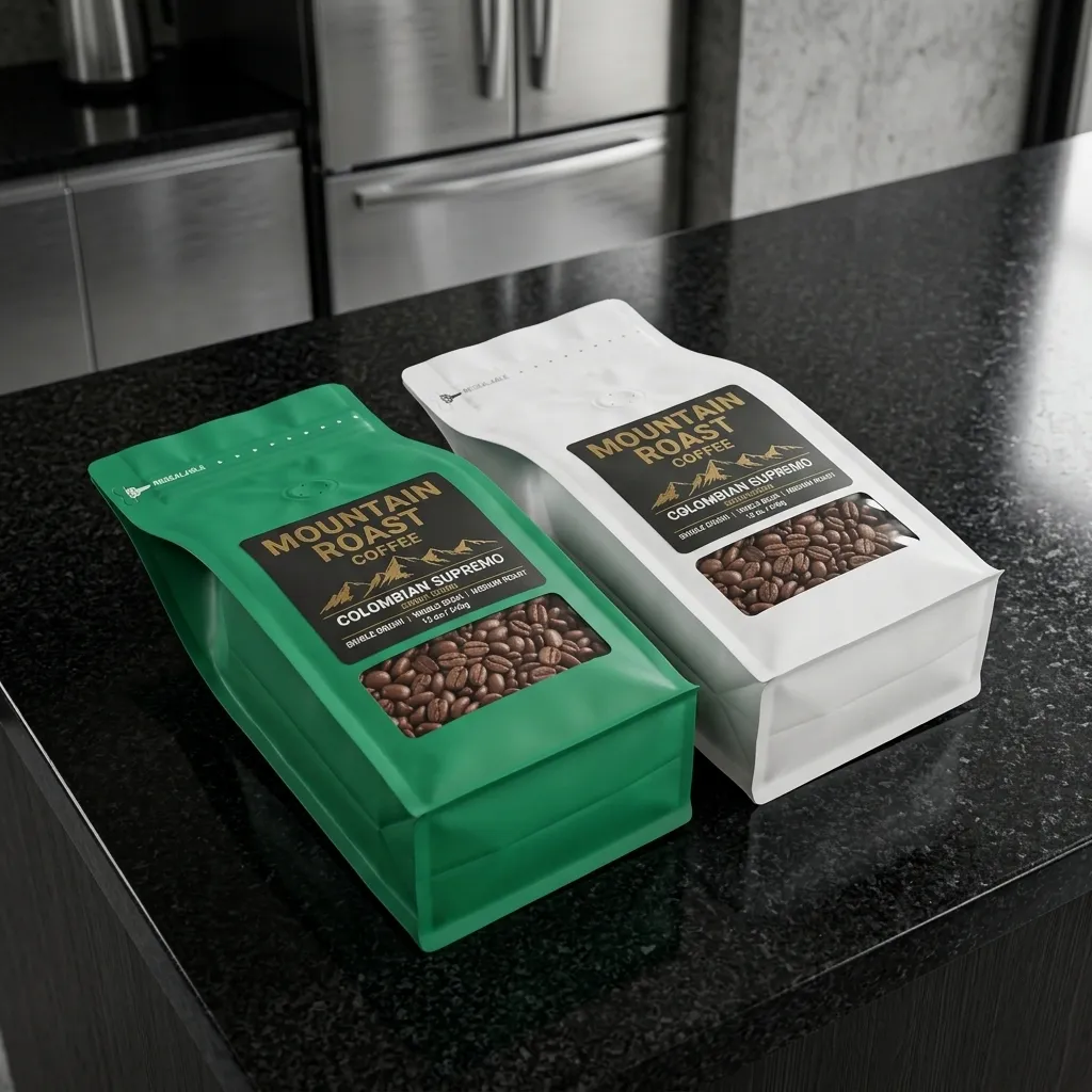 dos bolsas listas para estanterías de café personalizadas