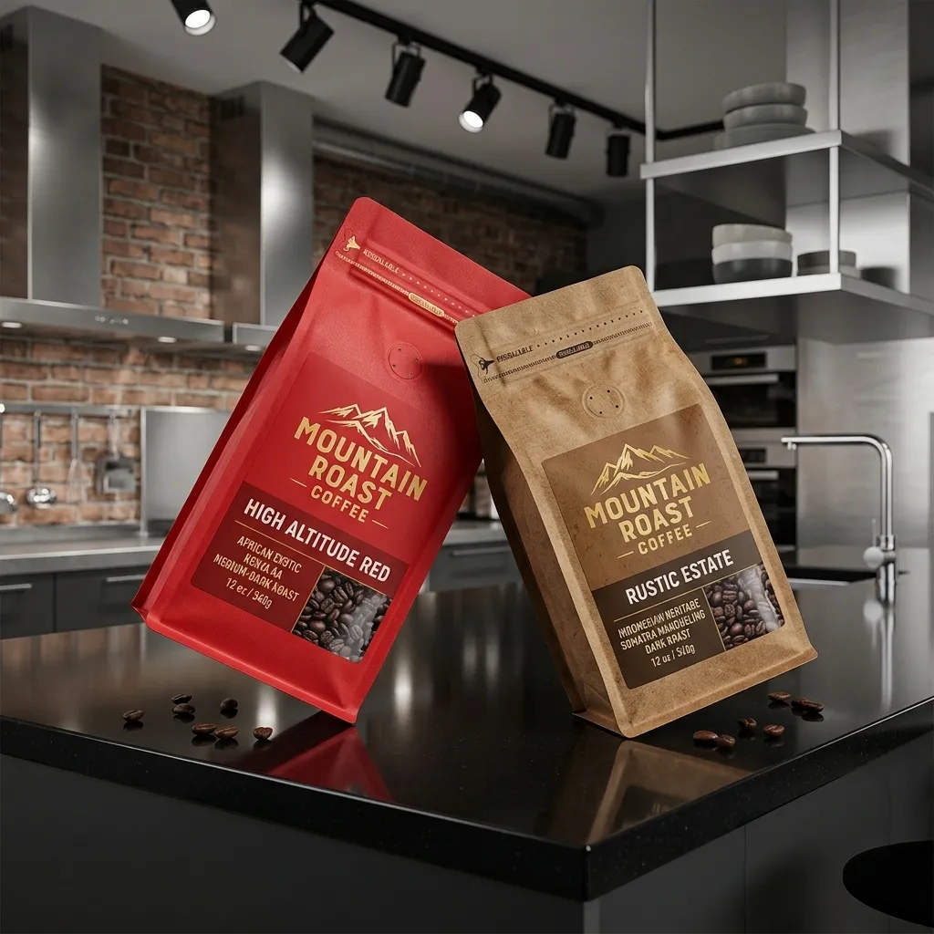 dos bolsas de café tipo caja impresa