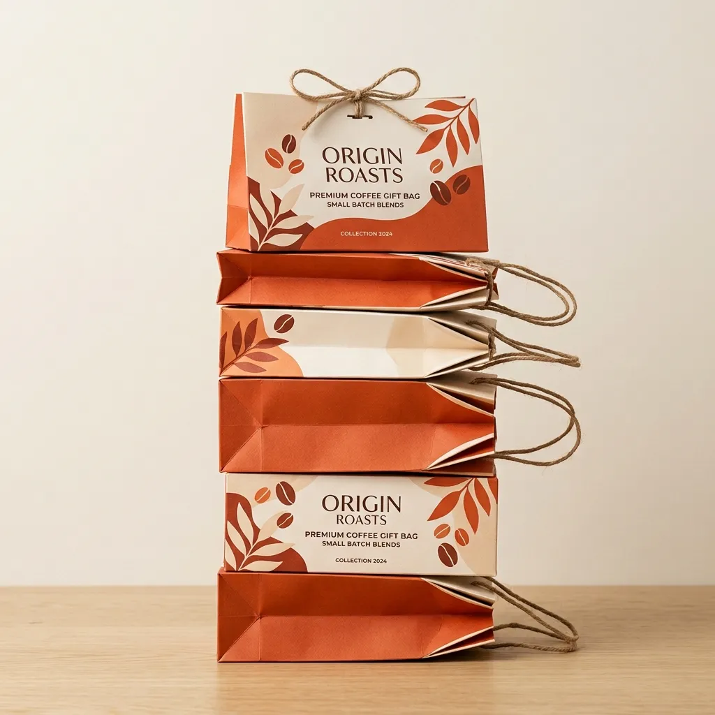 Montaña de bolsas de regalo sostenibles para café