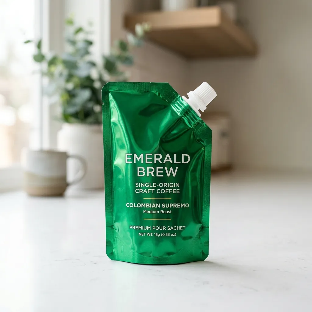 una Green_coffee_sachet_on_countertop