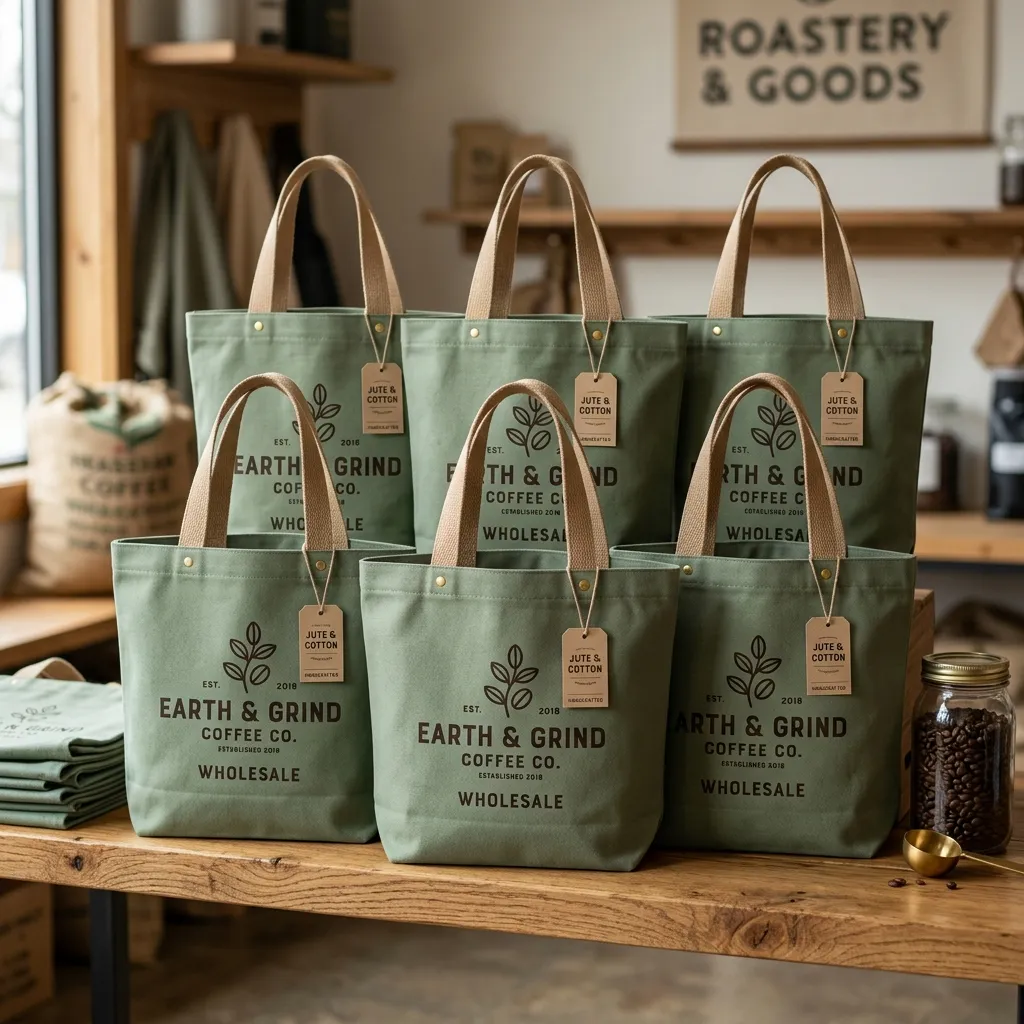 Green_coffee_tote_bags_displayed_