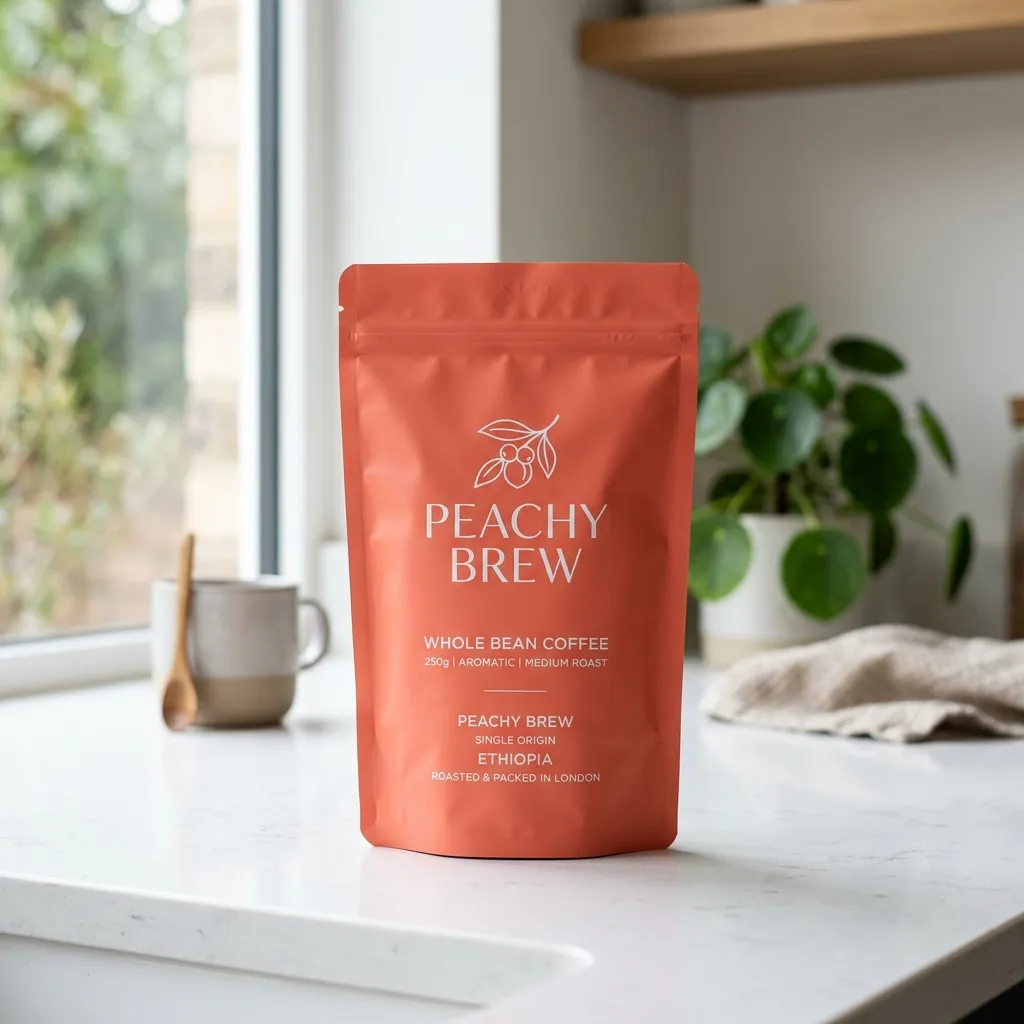 Peach_coffee_sachet_stands_upright