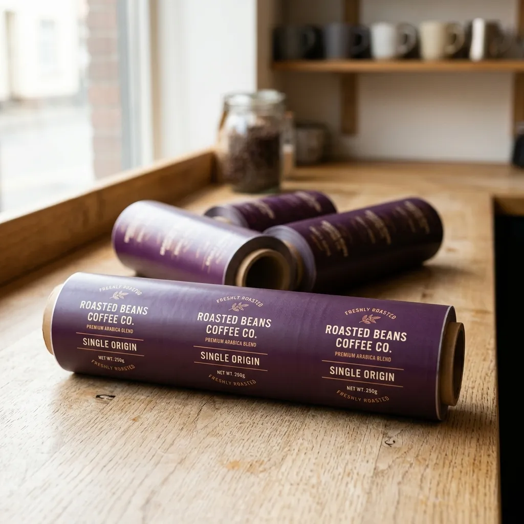 Mesa de madera Printed_packaging_film_rolls_on morada