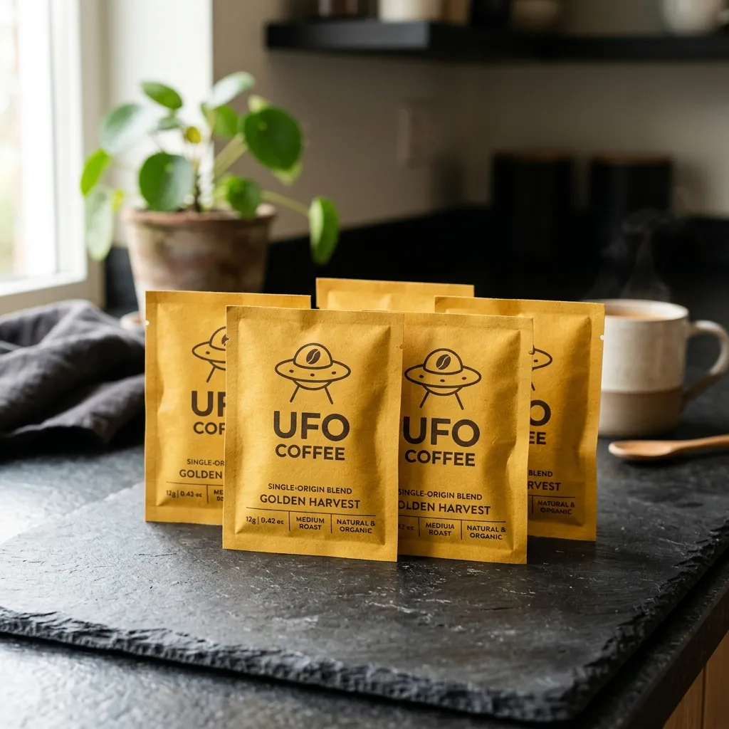 UFO_coffee_sachet_papers_on mármol
