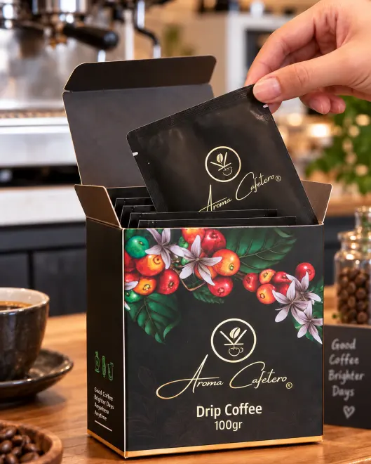 Caja de sachet de café que contiene paquetes de café de goteo envueltos individualmente