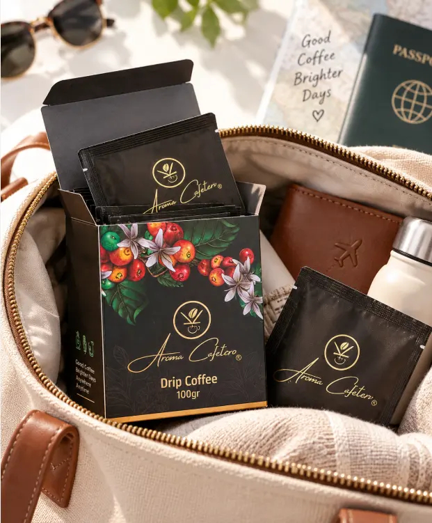 5 Empaqueta la caja de café con sobres de café de goteo envueltos individualmente en una bolsa de viaje