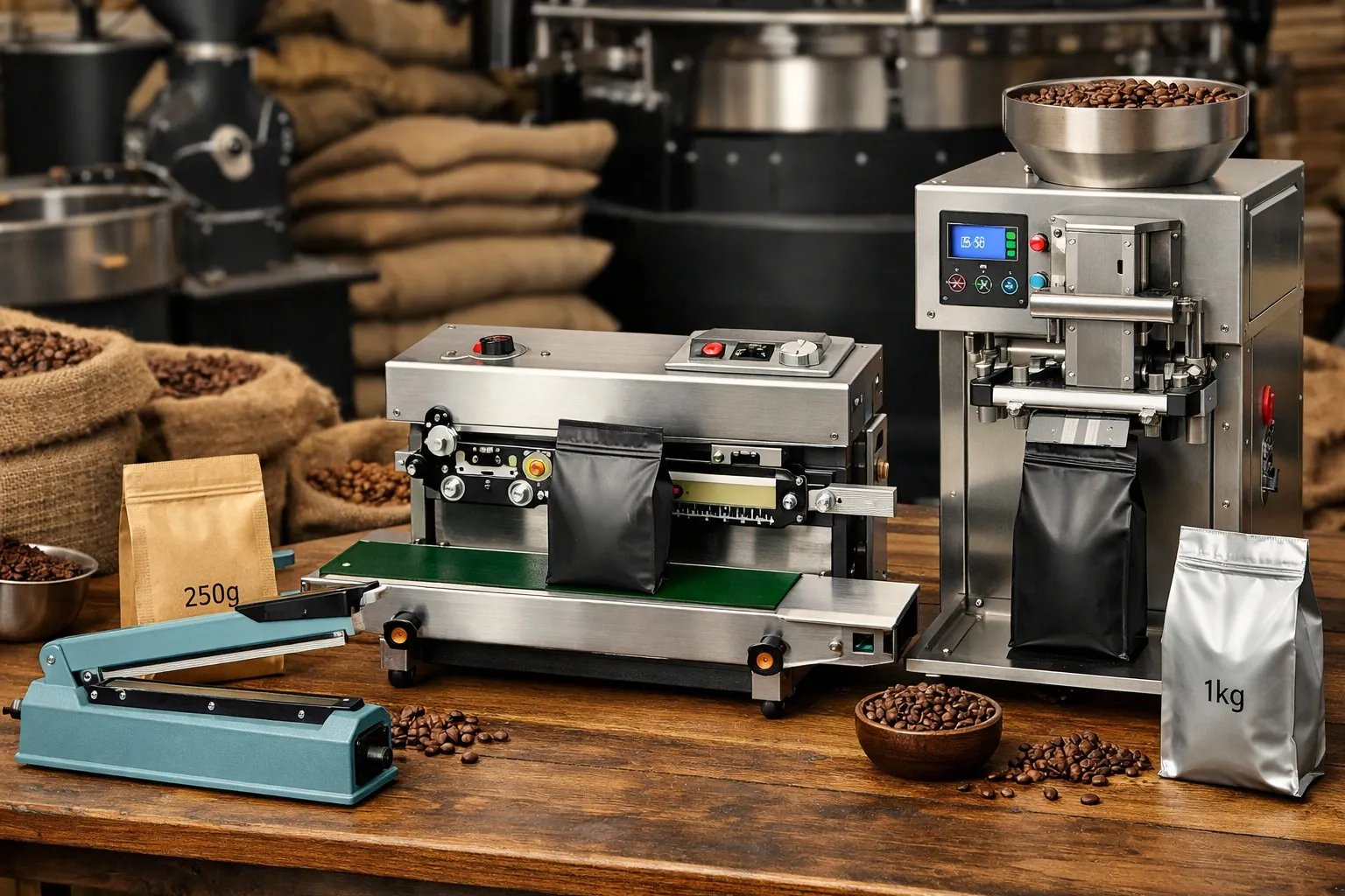Pequeñas máquinas de envasado de café para tostadores y cafeterías