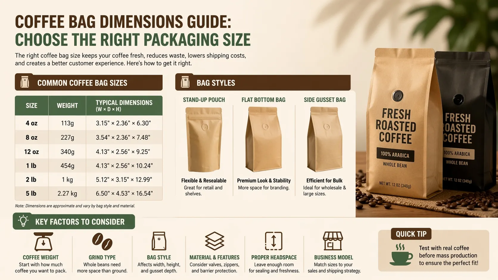 ¿Cómo determinar las dimensiones correctas de una bolsa de café?